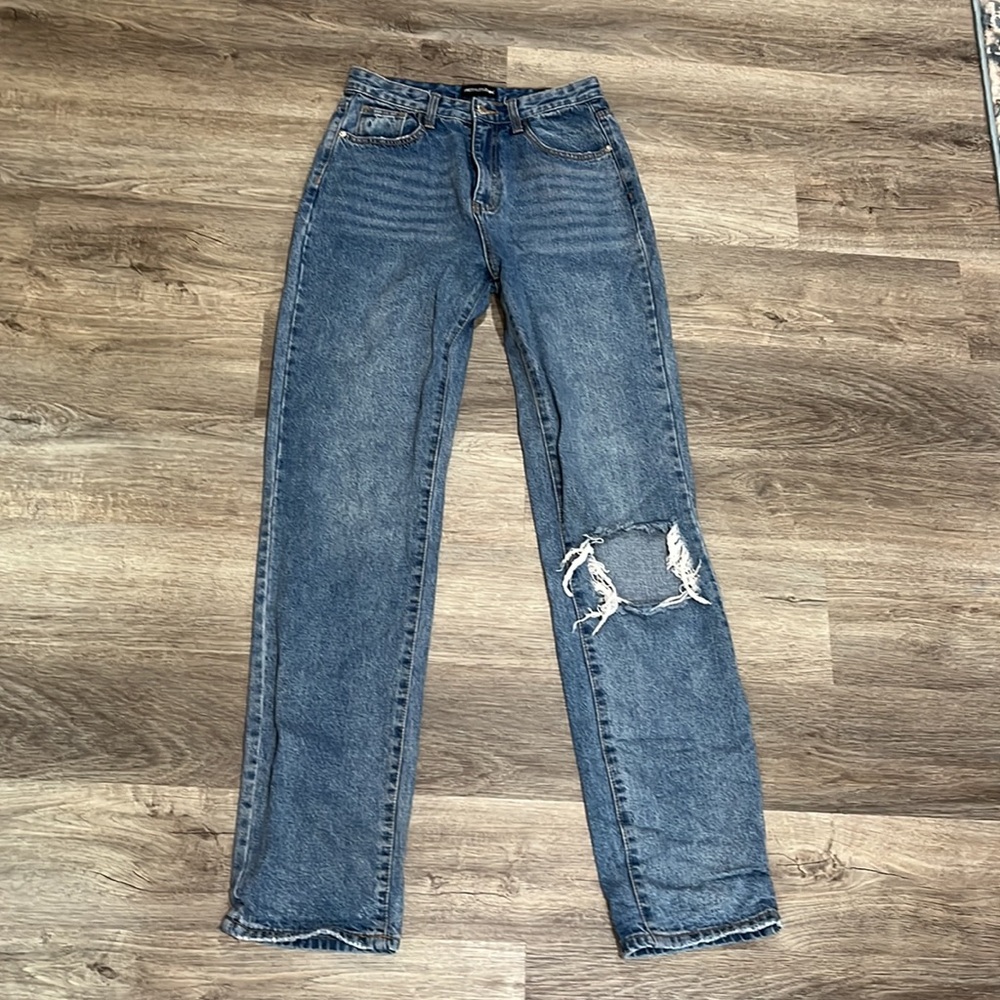 PrettyLittleThing High Rise Straight Leg Jeans with Distressing UK Size 10
